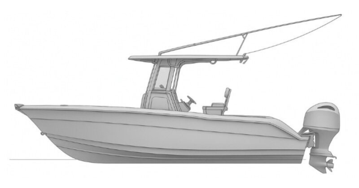 Gray technical illustration of the Chasing Scales center console boat with a hardtop, outboard motor, and side profile view