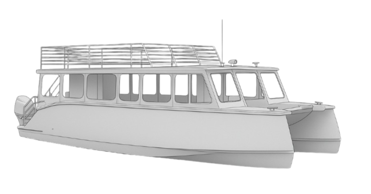 Gray technical illustration of the Chasin Tails charter boat showing a catamaran-style vessel with large windows and upper deck seating