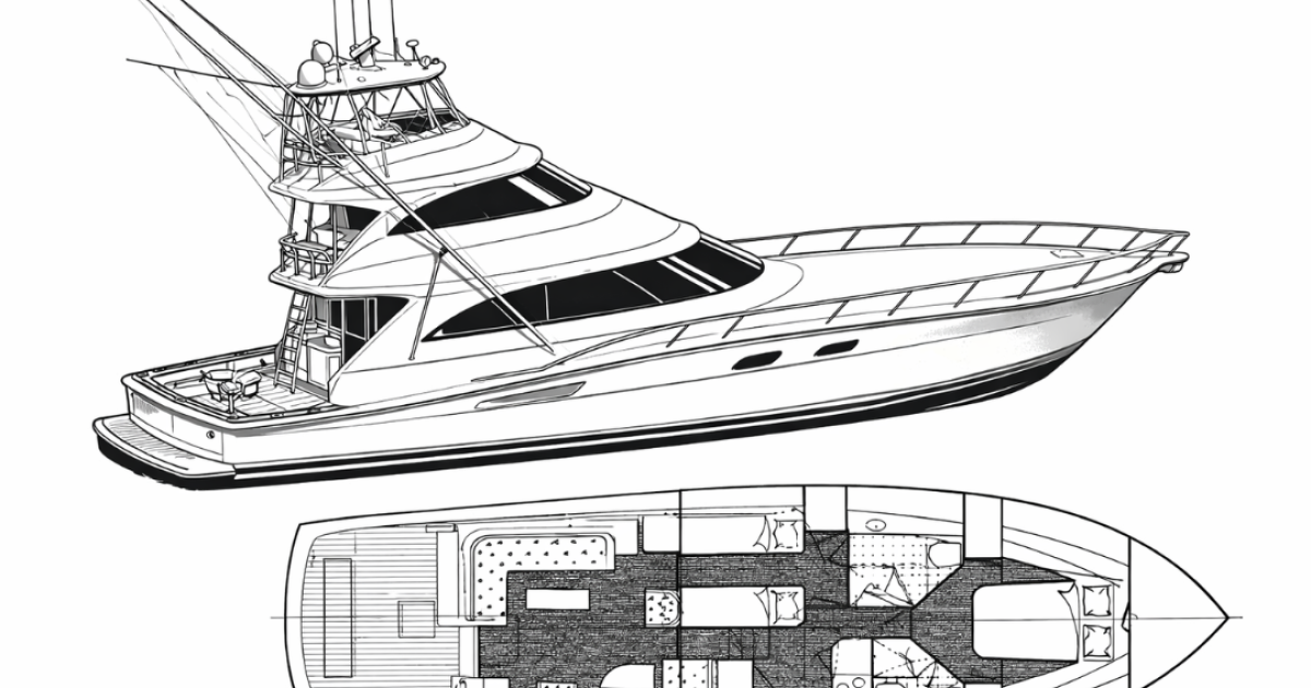 Black and white technical illustration of the Lucinda sportfishing yacht showing side profile and interior deck layout